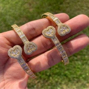 18k Gold Plated Women’s Men’s Baguette Iced Link Heart Bracelet Bangle 5mm